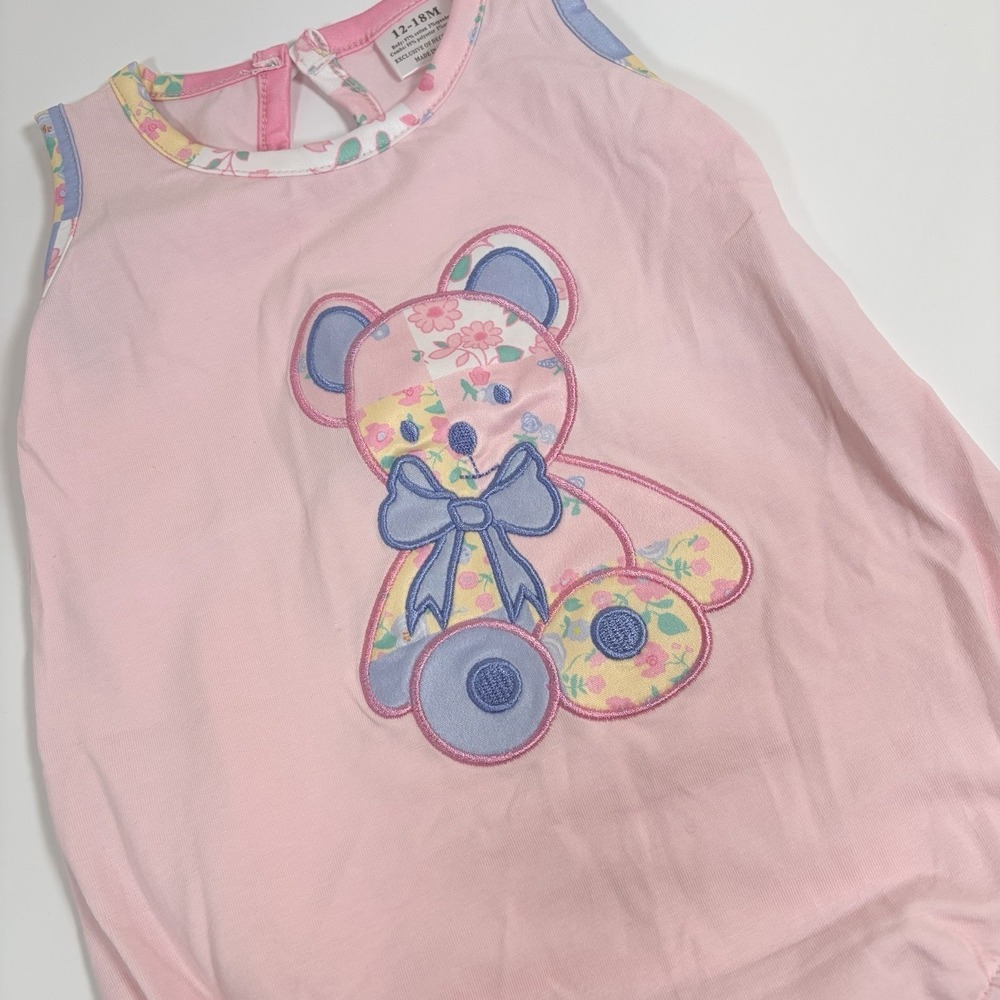 Pink Patchwork Teddy Bear Bubble Romper Sleeveless Floral Applique 12-18M